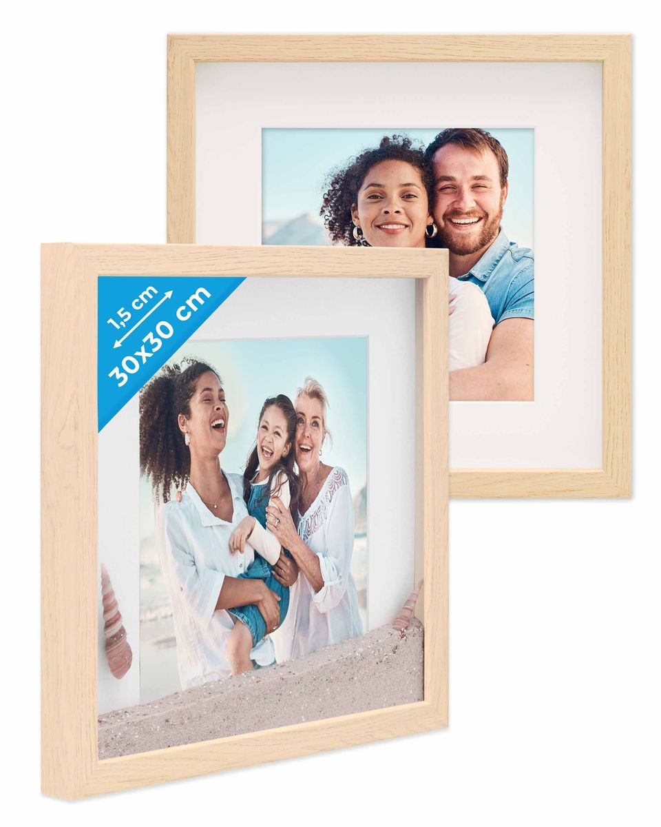 2er Set 3D-Bilderrahmen 30x30 cm mit Passepartout, Natur