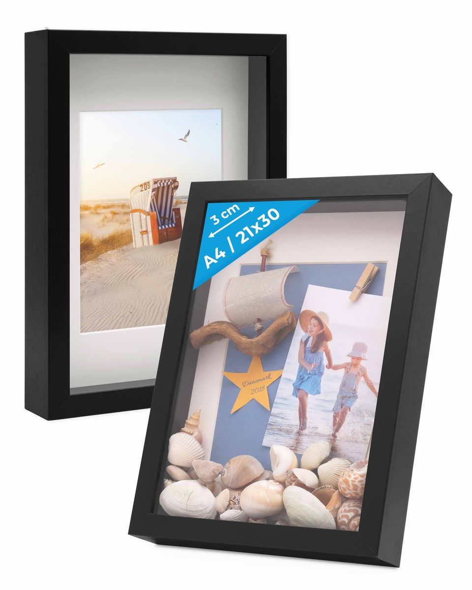 Lot De 3 Cadres Photo 3D à Remplir 20x25 Cm - Profondeur 5 Cm - Noir - Pour Souvenirs Et Objets