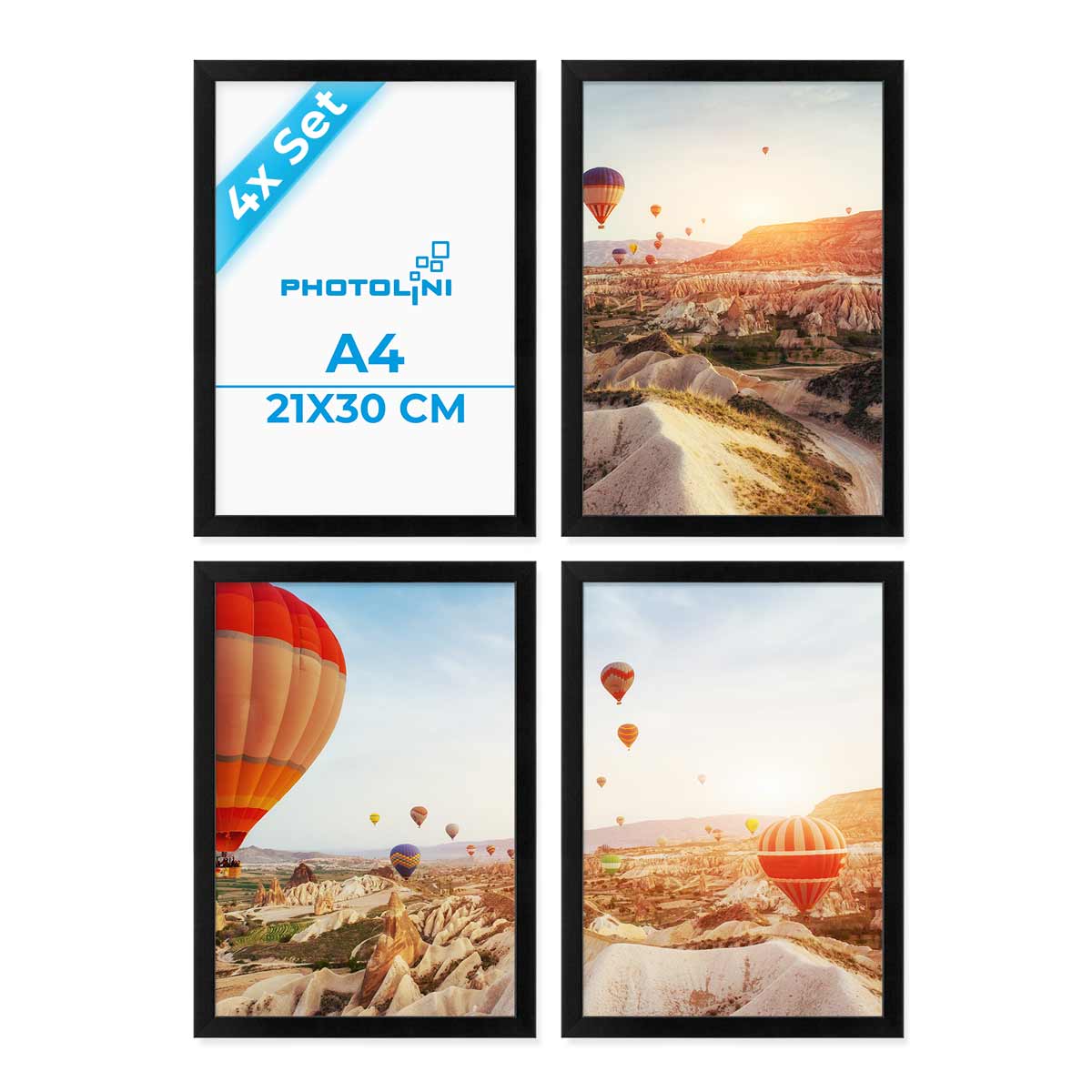 4er Set Poster-Bilderrahmen Schwarz 21x30 / DIN A4 Modern aus MDF mit