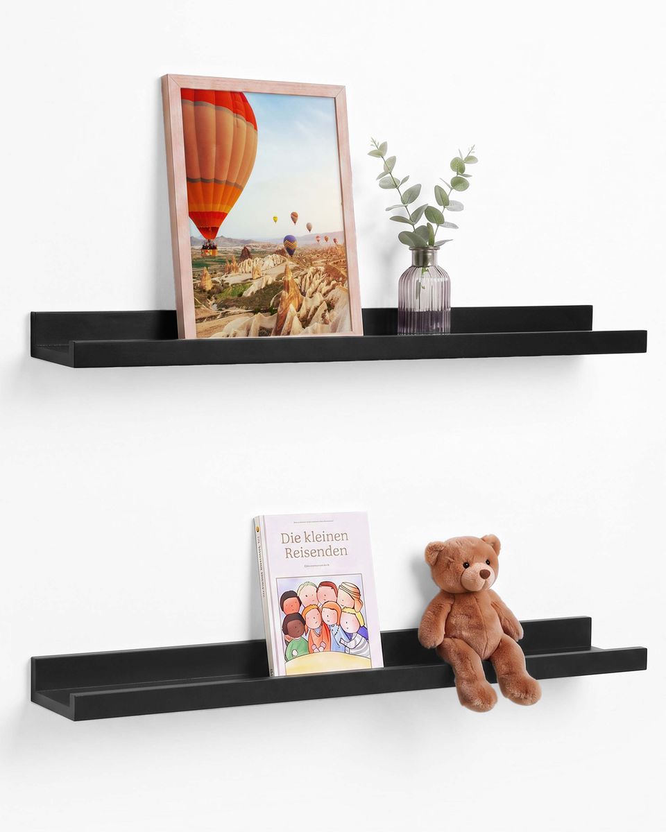 Wandregal Bilderleiste Schwarz 70 cm, 2er Set Schweberegal Holz MDF