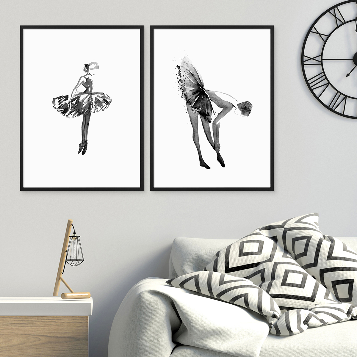 2er Set DesignPoster No.32 30x40 cm Ballerina Aquarell SchwarzWeiss